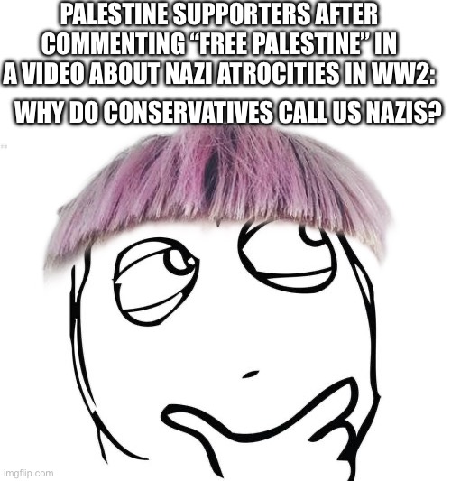 PALESTINE SUPPORTERS AFTER COMMENTING “FREE PALESTINE” IN A VIDEO ABOUT NAZI ATROCITIES IN WW2:; WHY DO CONSERVATIVES CALL US NAZIS? | image tagged in blank white template,memes,question rage face | made w/ Imgflip meme maker