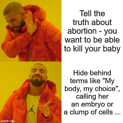 Drake Hotline Bling Meme | Tell the truth about abortion - you want to be able to kill your baby; Hide behind terms like "My body, my choice", calling her an embryo or a clump of cells ... | image tagged in memes,drake hotline bling | made w/ Imgflip meme maker