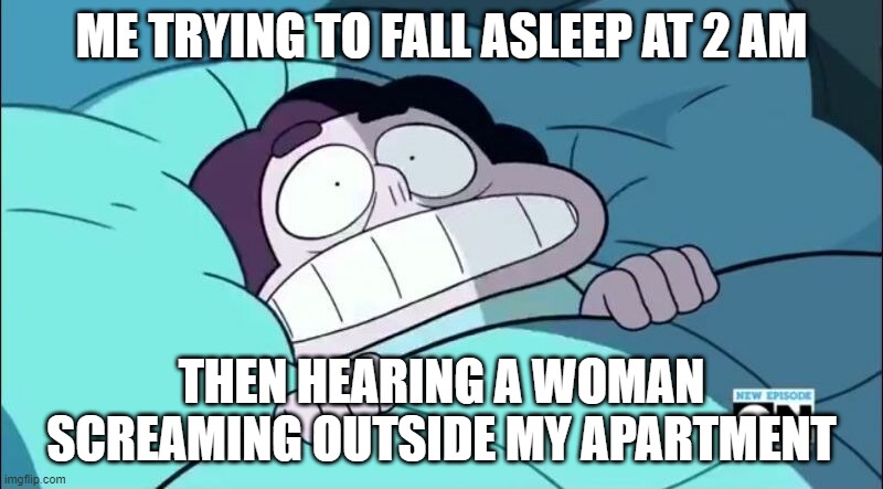 Steven Universe Images | ME TRYING TO FALL ASLEEP AT 2 AM; THEN HEARING A WOMAN SCREAMING OUTSIDE MY APARTMENT | image tagged in steven universe images | made w/ Imgflip meme maker