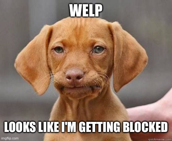 MFW WELP | WELP LOOKS LIKE I'M GETTING BLOCKED | image tagged in mfw welp | made w/ Imgflip meme maker