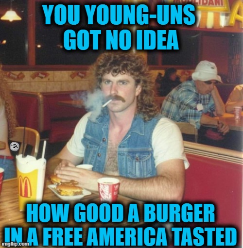 YOU YOUNG-UNS 
GOT NO IDEA; HOW GOOD A BURGER IN A FREE AMERICA TASTED | image tagged in burger,mcdonalds,80s,nostalgia | made w/ Imgflip meme maker