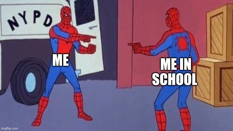 No different lol | ME; ME IN SCHOOL | image tagged in spiderman pointing at spiderman | made w/ Imgflip meme maker
