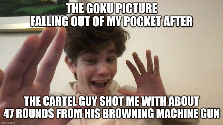 THE GOKU PICTURE FALLING OUT OF MY POCKET AFTER; THE CARTEL GUY SHOT ME WITH ABOUT 47 ROUNDS FROM HIS BROWNING MACHINE GUN | image tagged in mr riplor | made w/ Imgflip meme maker