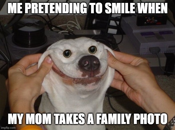 When *that* photo is taken | ME PRETENDING TO SMILE WHEN; MY MOM TAKES A FAMILY PHOTO | image tagged in forced to smile dog | made w/ Imgflip meme maker