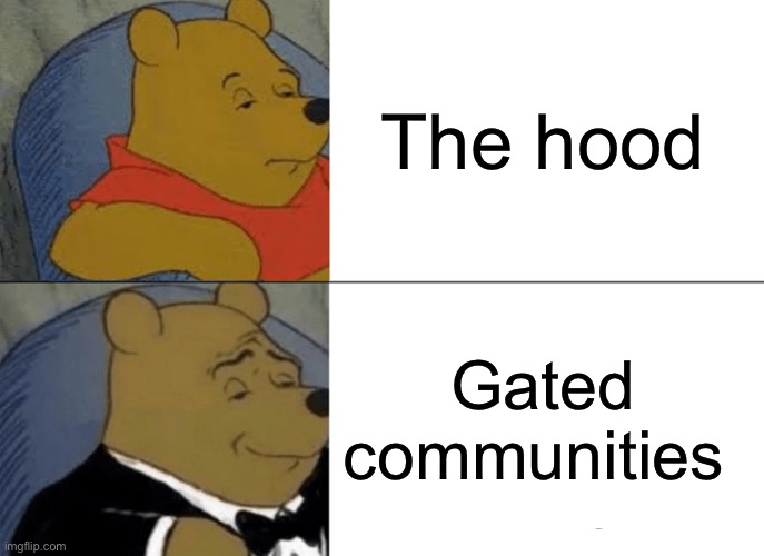 Tuxedo Winnie The Pooh Meme | The hood; Gated communities | image tagged in memes,tuxedo winnie the pooh | made w/ Imgflip meme maker