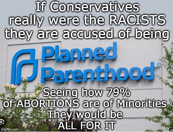 And the Liberals would LOSE THEIR SHIT over it | If Conservatives really were the RACISTS they are accused of being; Seeing how 79% of ABORTIONS are of Minorities 
They would be 
ALL FOR IT | image tagged in conservatives anti abortion meme | made w/ Imgflip meme maker