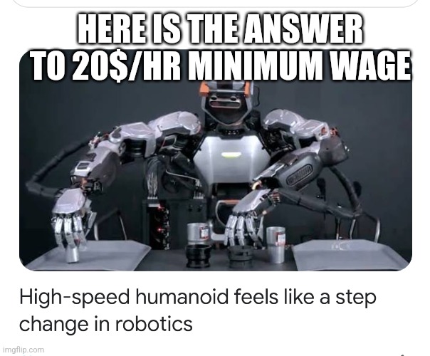 Humanoid robots | HERE IS THE ANSWER TO 20$/HR MINIMUM WAGE | image tagged in humanoid robots | made w/ Imgflip meme maker
