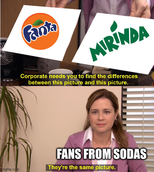 Fanta VS Mirinda | FANS FROM SODAS | image tagged in memes,they're the same picture,fanta,mirinda | made w/ Imgflip meme maker