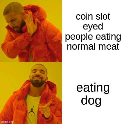 Drake Hotline Bling Meme | coin slot eyed people eating normal meat; eating dog | image tagged in memes,drake hotline bling | made w/ Imgflip meme maker