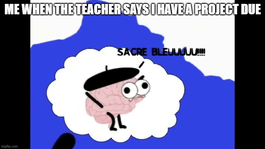 School life | ME WHEN THE TEACHER SAYS I HAVE A PROJECT DUE | image tagged in sacre bleuuuuuuuu | made w/ Imgflip meme maker