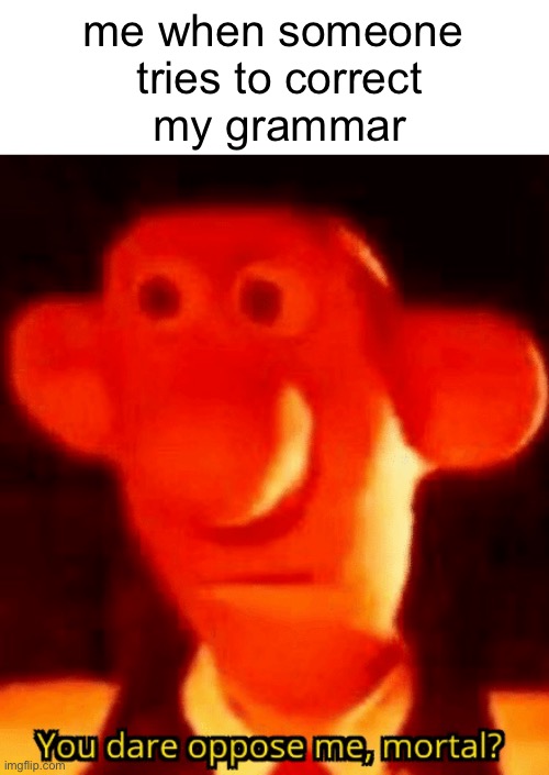 I know what I’m doing. | me when someone
 tries to correct
 my grammar | image tagged in you dare oppose me mortal | made w/ Imgflip meme maker