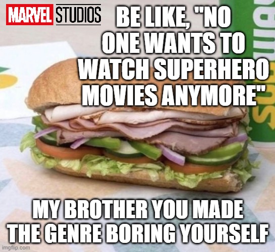 I like diversity but not when it's aggressive and forced, and also the CGI has had drops in quality | BE LIKE, "NO ONE WANTS TO WATCH SUPERHERO MOVIES ANYMORE"; MY BROTHER YOU MADE THE GENRE BORING YOURSELF | image tagged in subway sandwich,memes,marvel,avengers,woke,movies | made w/ Imgflip meme maker