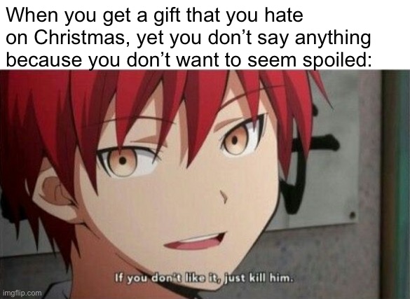 Karma my beloved | When you get a gift that you hate on Christmas, yet you don’t say anything because you don’t want to seem spoiled: | image tagged in karma if you don't like it just kill him | made w/ Imgflip meme maker
