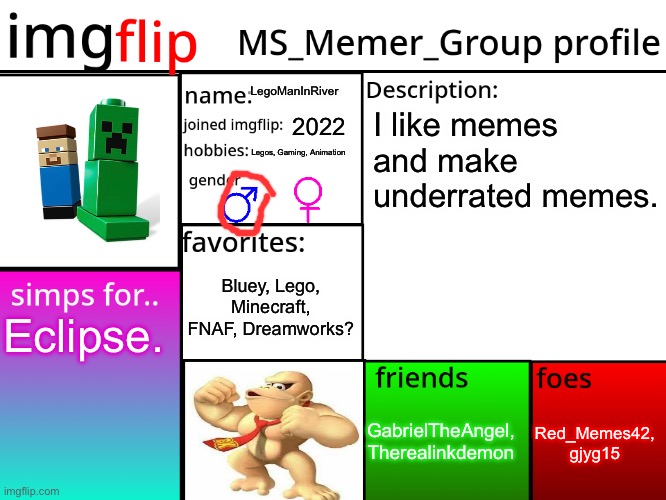 MSMG Profile | LegoManInRiver; I like memes and make underrated memes. 2022; Legos, Gaming, Animation; Bluey, Lego, Minecraft, FNAF, Dreamworks? Eclipse. Red_Memes42, gjyg15; GabrielTheAngel, Therealinkdemon | image tagged in msmg profile | made w/ Imgflip meme maker