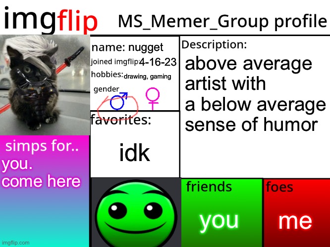 MSMG Profile | nugget; above average artist with a below average sense of humor; 4-16-23; drawing, gaming; idk; you. come here; me; you | image tagged in msmg profile | made w/ Imgflip meme maker