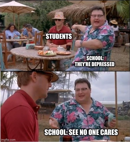 See Nobody Cares | STUDENTS; SCHOOL: THEY’RE DEPRESSED; SCHOOL: SEE NO ONE CARES | image tagged in see nobody cares | made w/ Imgflip meme maker