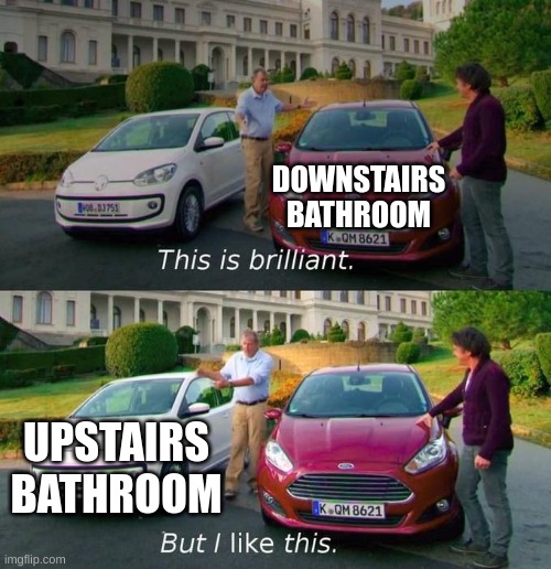 why | DOWNSTAIRS BATHROOM; UPSTAIRS BATHROOM | image tagged in this is brilliant but i like this,bathroom | made w/ Imgflip meme maker
