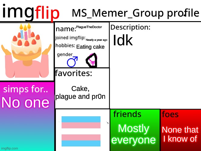 MSMG Profile | PlagueTheDoctor; Idk; Nearly a year ago; Eating cake; Cake, plague and pr0n; No one; None that I know of; Mostly everyone | image tagged in msmg profile | made w/ Imgflip meme maker