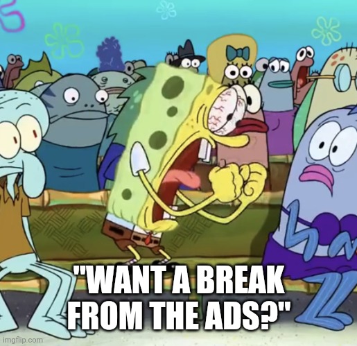 Spongebob Yelling | "WANT A BREAK FROM THE ADS?" | image tagged in spongebob yelling | made w/ Imgflip meme maker