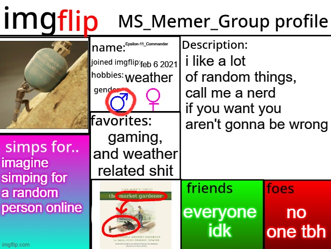 MSMG Profile | Epsilon-11_Commander; i like a lot of random things, call me a nerd if you want you aren't gonna be wrong; feb 6 2021; weather; gaming, and weather related shit; imagine simping for a random person online; no one tbh; everyone idk | image tagged in msmg profile | made w/ Imgflip meme maker