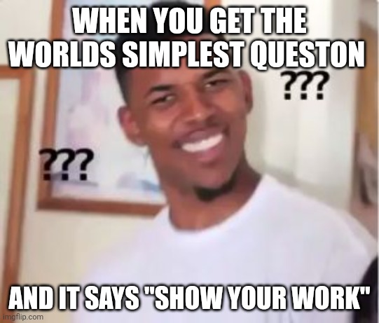 The question is always something like, 2x10.... | WHEN YOU GET THE WORLDS SIMPLEST QUESTION; AND IT SAYS "SHOW YOUR WORK" | image tagged in confused | made w/ Imgflip meme maker
