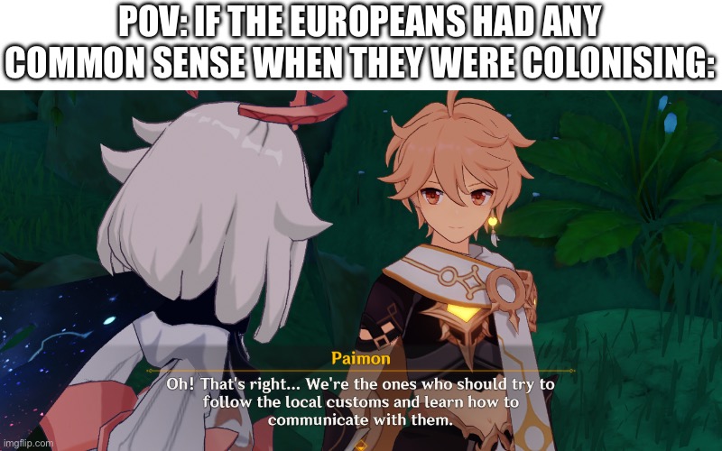 Accurate? | POV: IF THE EUROPEANS HAD ANY COMMON SENSE WHEN THEY WERE COLONISING: | image tagged in genshin impact,european | made w/ Imgflip meme maker