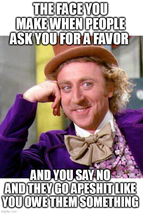 The face you make When people ask you for a favor | THE FACE YOU MAKE WHEN PEOPLE ASK YOU FOR A FAVOR; AND YOU SAY NO AND THEY GO APESHIT LIKE YOU OWE THEM SOMETHING | image tagged in willy wonka blank,favor,apeshit,friends,family,fun | made w/ Imgflip meme maker