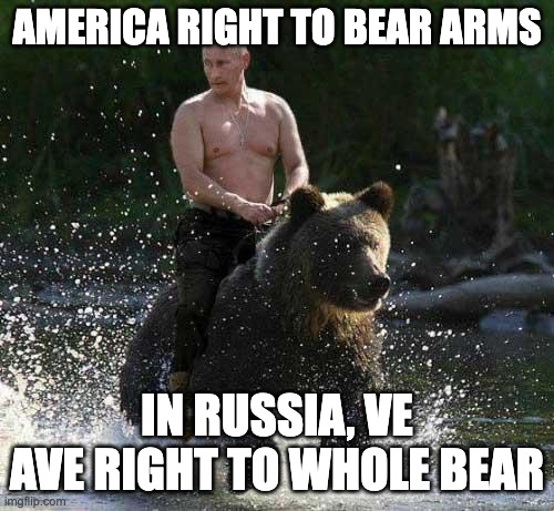 Rights in America Vs. Russia | AMERICA RIGHT TO BEAR ARMS; IN RUSSIA, VE AVE RIGHT TO WHOLE BEAR | made w/ Imgflip meme maker