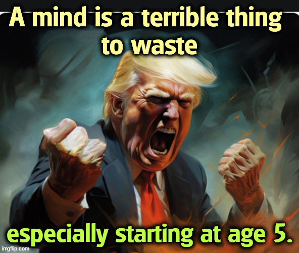 Currently deranged and weakening. | A mind is a terrible thing 
to waste; especially starting at age 5. | image tagged in trump,mind,waste,childhood | made w/ Imgflip meme maker