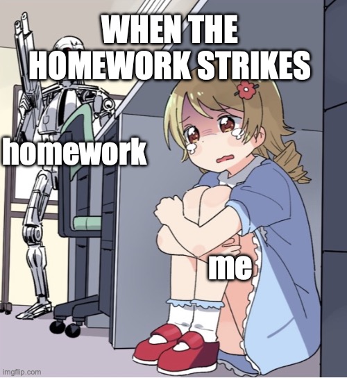 oh no u better run from the fudging homework | WHEN THE HOMEWORK STRIKES; homework; me | image tagged in anime girl hiding from terminator | made w/ Imgflip meme maker