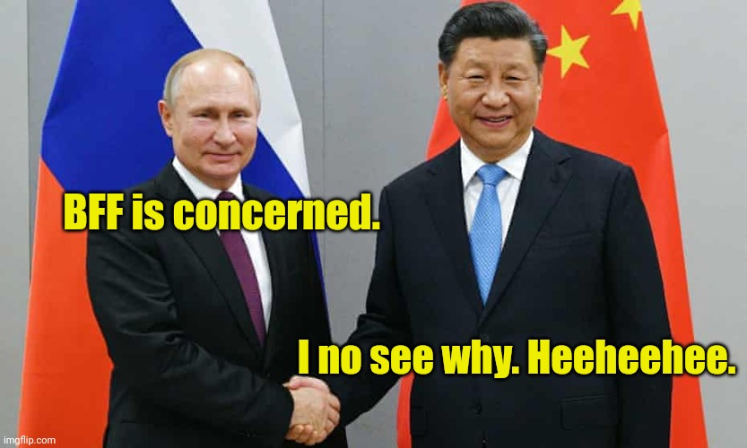 BFF is concerned. I no see why. Heeheehee. | image tagged in vladimir putin and xi jinping hand shake | made w/ Imgflip meme maker