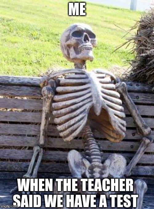 testing | ME; WHEN THE TEACHER SAID WE HAVE A TEST | image tagged in memes,waiting skeleton | made w/ Imgflip meme maker