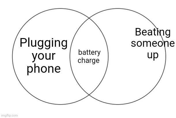 battery | Beating
someone
up; Plugging your
phone; battery charge | image tagged in venn diagram | made w/ Imgflip meme maker