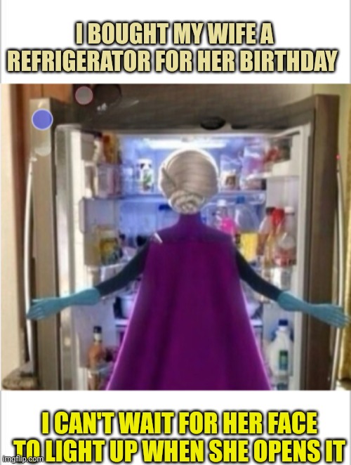 I BOUGHT MY WIFE A REFRIGERATOR FOR HER BIRTHDAY; I CAN'T WAIT FOR HER FACE TO LIGHT UP WHEN SHE OPENS IT | image tagged in white background,elsa opening a door | made w/ Imgflip meme maker