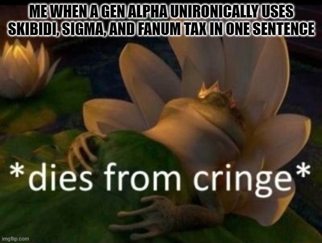 Gen alpha is mid asf | ME WHEN A GEN ALPHA UNIRONICALLY USES SKIBIDI, SIGMA, AND FANUM TAX IN ONE SENTENCE | image tagged in dies of cringe | made w/ Imgflip meme maker