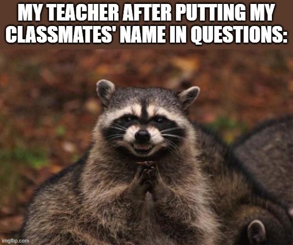 hon hon | MY TEACHER AFTER PUTTING MY CLASSMATES' NAME IN QUESTIONS: | image tagged in evil genius racoon | made w/ Imgflip meme maker