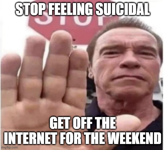 better days will come bruda | STOP FEELING SUICIDAL; GET OFF THE INTERNET FOR THE WEEKEND | image tagged in stop scrolling arnold | made w/ Imgflip meme maker