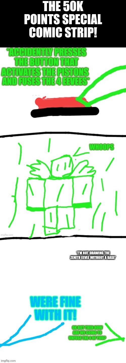 Legends say midnight, uni, silver, and mewvee were fused like this for a few months | THE 50K POINTS SPECIAL COMIC STRIP! | made w/ Imgflip meme maker