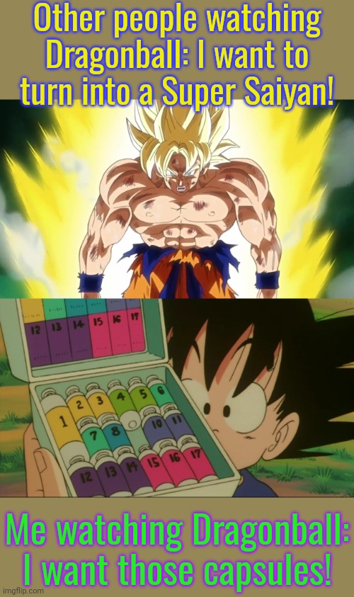 Everything I need to live in comfort. | Other people watching Dragonball: I want to turn into a Super Saiyan! Me watching Dragonball: I want those capsules! | image tagged in super saiyan,convenience,invention,science fiction | made w/ Imgflip meme maker