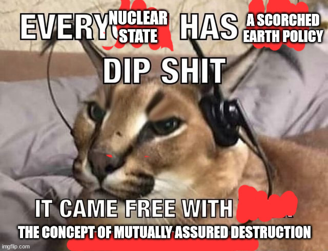 Everyone has X Dip Shit | NUCLEAR STATE; A SCORCHED EARTH POLICY; THE CONCEPT OF MUTUALLY ASSURED DESTRUCTION | image tagged in everyone has x dip shit | made w/ Imgflip meme maker