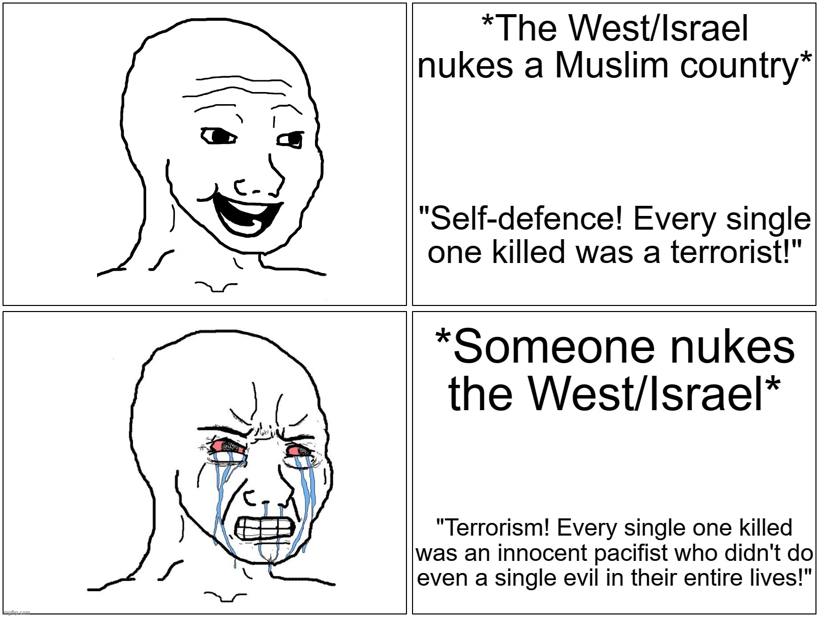 INB4 ((("the Free, Peaceful and Civilized West"))) Strike Again With Their Hateful Stereotypes and Double Standards Yet Again | *The West/Israel nukes a Muslim country*; "Self-defence! Every single one killed was a terrorist!"; *Someone nukes the West/Israel*; "Terrorism! Every single one killed was an innocent pacifist who didn't do even a single evil in their entire lives!" | image tagged in america is the great satan,the civilized west,israel,nuke,wojak,logic | made w/ Imgflip meme maker