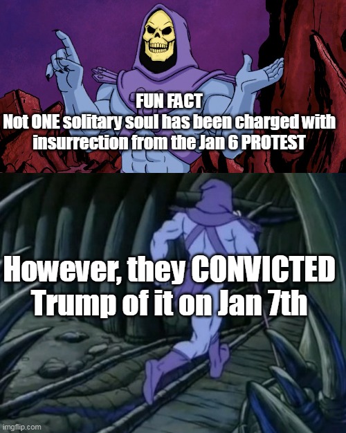FUN FACT
Not ONE solitary soul has been charged with insurrection from the Jan 6 PROTEST However, they CONVICTED Trump of it on Jan 7th | made w/ Imgflip meme maker