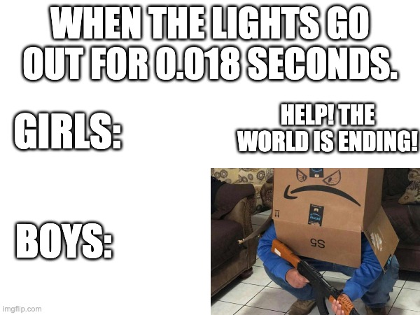 Boys VS. Girls | WHEN THE LIGHTS GO OUT FOR 0.018 SECONDS. GIRLS:; HELP! THE WORLD IS ENDING! BOYS: | image tagged in boys vs girls,girls vs boys | made w/ Imgflip meme maker