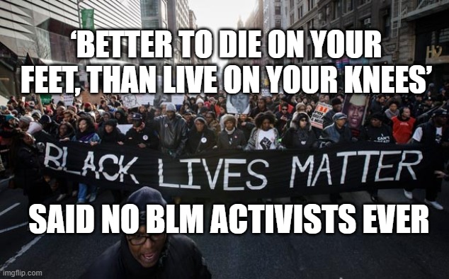 Black lives matter | ‘BETTER TO DIE ON YOUR FEET, THAN LIVE ON YOUR KNEES’; SAID NO BLM ACTIVISTS EVER | image tagged in black lives matter | made w/ Imgflip meme maker