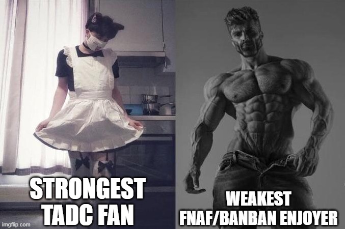 unpopular opinion | STRONGEST TADC FAN; WEAKEST FNAF/BANBAN ENJOYER | image tagged in strongest fan vs weakest fan | made w/ Imgflip meme maker