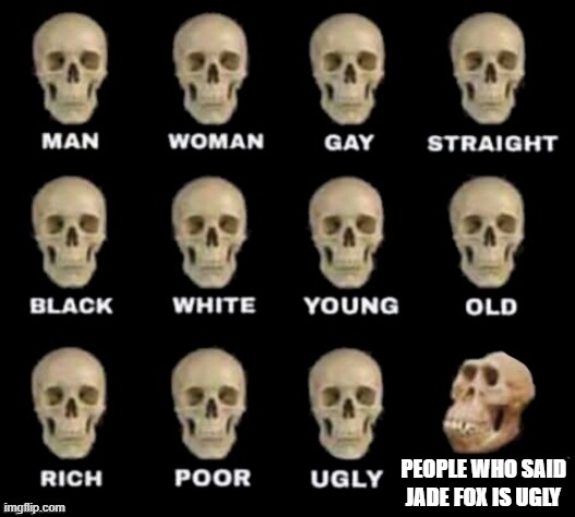 idiot skull | PEOPLE WHO SAID JADE FOX IS UGLY | image tagged in idiot skull | made w/ Imgflip meme maker