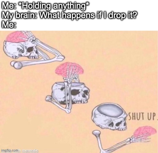 Skeleton Shut Up | Me: *Holding anything*
My brain: What happens if I drop it?
Me: | image tagged in skeleton shut up | made w/ Imgflip meme maker