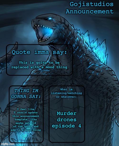 Sup everyone | This is going to be replaced with a mood thing; Murder drones episode 4; I feel like I should update this announcement template, like maybe get rid of the quote and add in a mood thing | image tagged in gojistudios announcement,murder drones | made w/ Imgflip meme maker