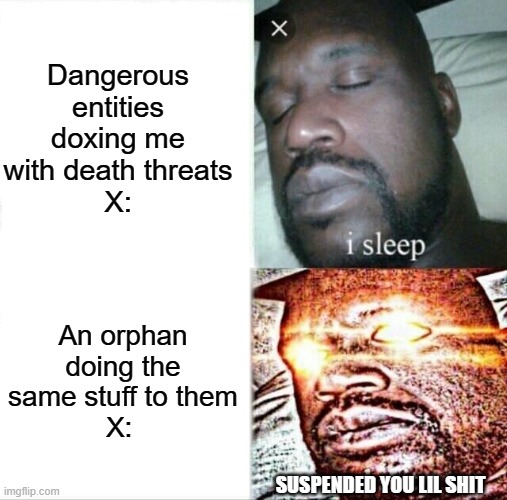 X the everything is legal if your doxbin app | Dangerous entities doxing me with death threats
X:; An orphan doing the same stuff to them
X:; SUSPENDED YOU LIL SHIT | image tagged in memes,sleeping shaq | made w/ Imgflip meme maker
