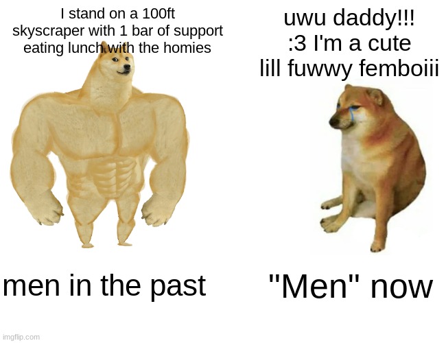 Men in the past vs "Men" now | I stand on a 100ft skyscraper with 1 bar of support eating lunch with the homies; uwu daddy!!! :3 I'm a cute lill fuwwy femboiii; men in the past; "Men" now | image tagged in memes,buff doge vs cheems | made w/ Imgflip meme maker